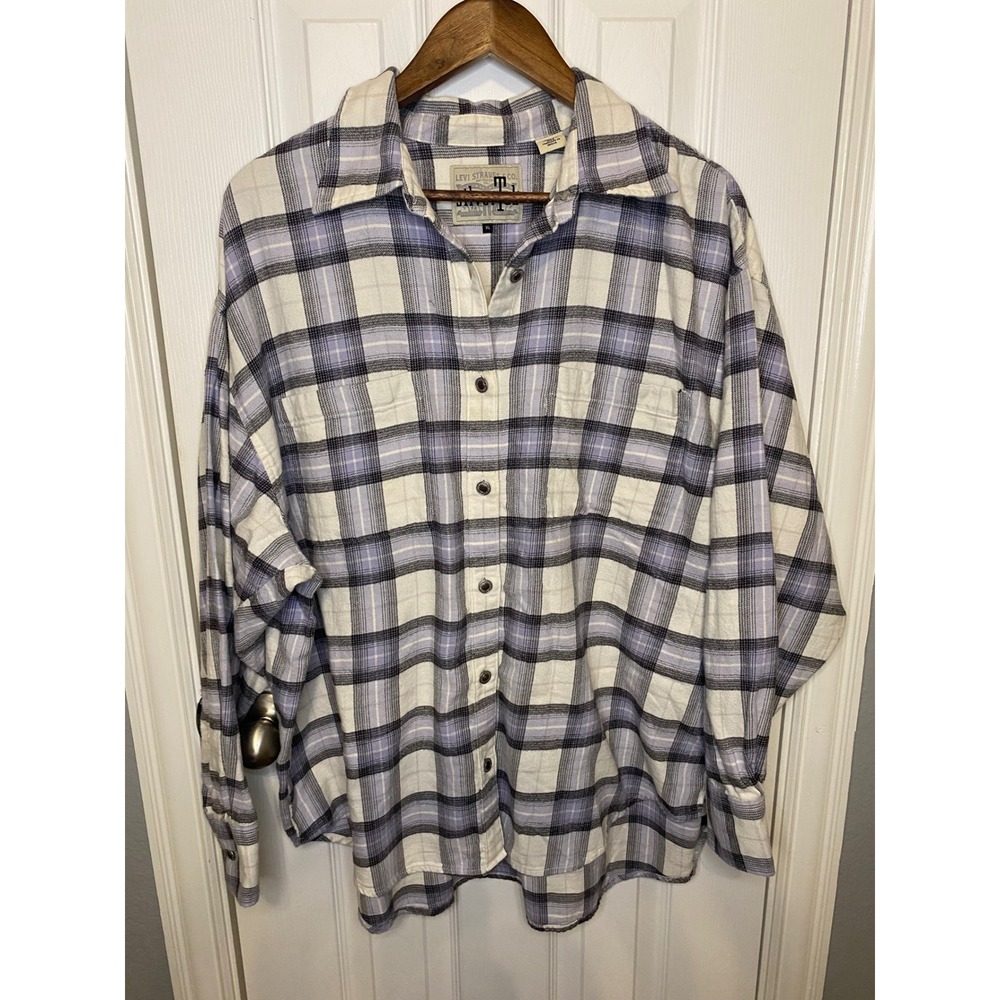 Levi‎ Strauss Silver Tab Mens XL Plaid Flannel Long Sleeve Button Up Shirt White